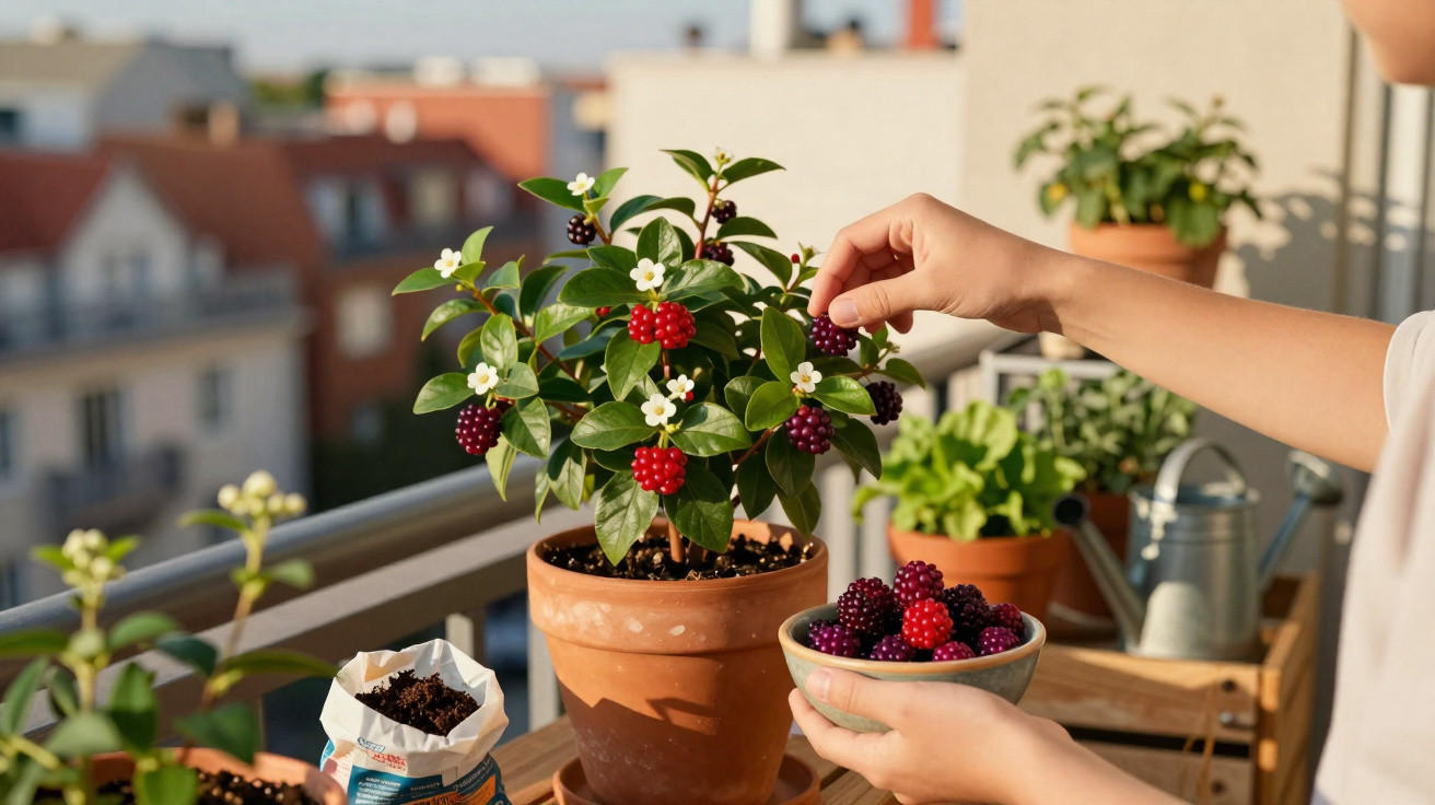 Person picking ripe red and black berries from a potted plant on a sunlit balcony garden.