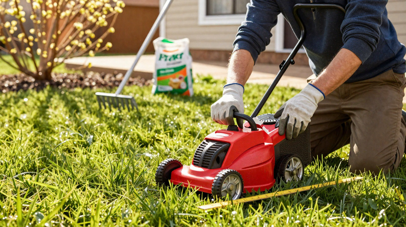 Person kneeling on lawn operating a red electric lawn mower on sunny day with garden tools in background.