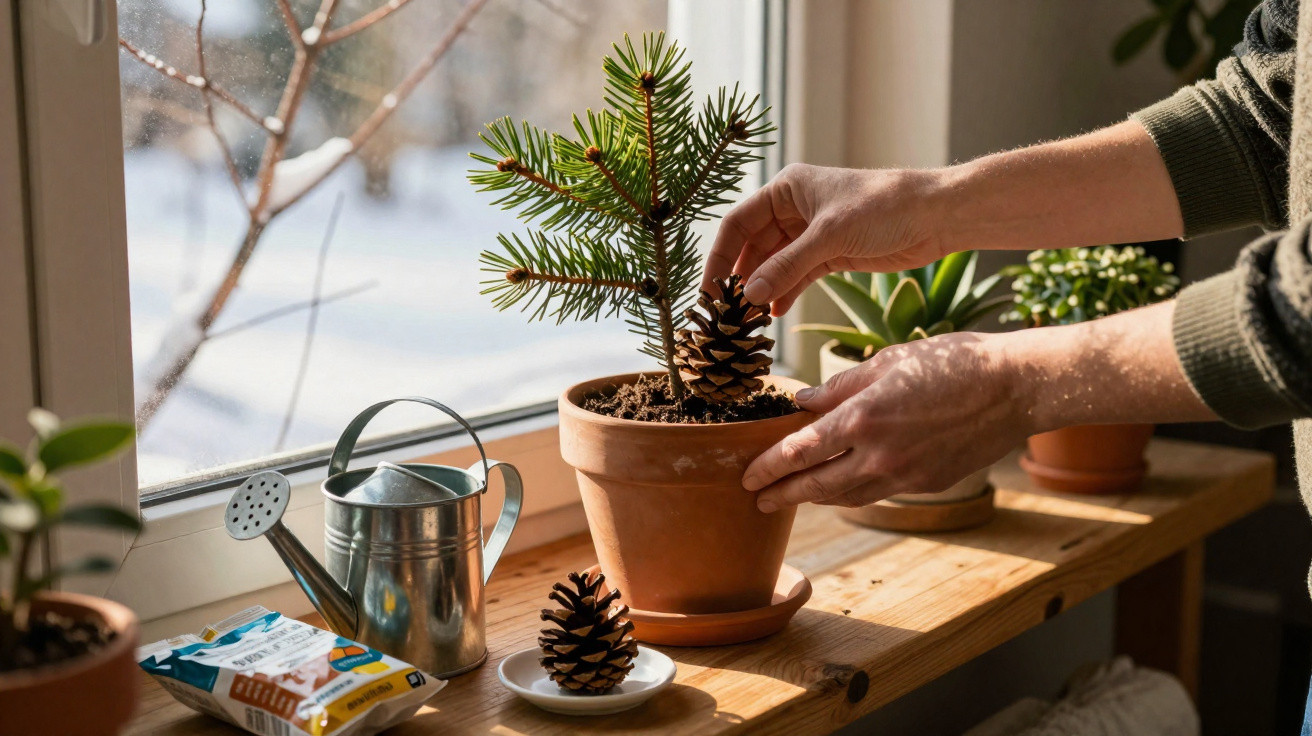 Hands placing a pine cone on a small potted pine tree by a sunny window with other plants on a wooden shelf.