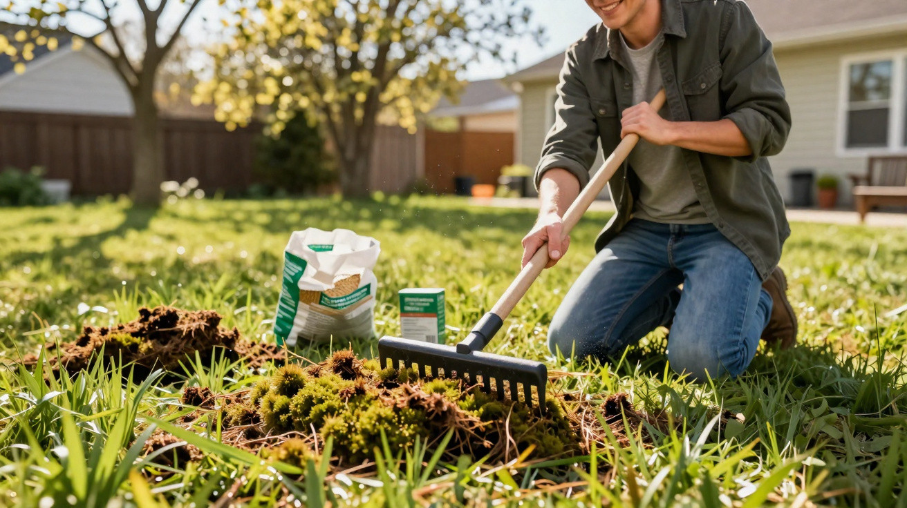 Person using a rake in a sunny backyard garden with soil and gardening supplies nearby.