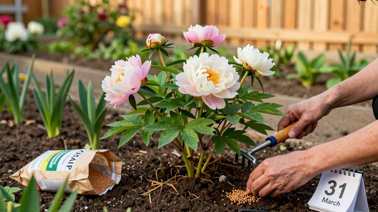 Hands planting pink and white peonies in soil with fertiliser pellets and a calendar showing 31 March