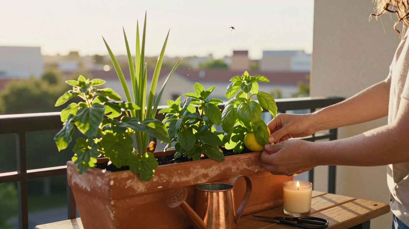 Person harvesting a lemon from a balcony herb garden with plants and a watering can in sunlight.