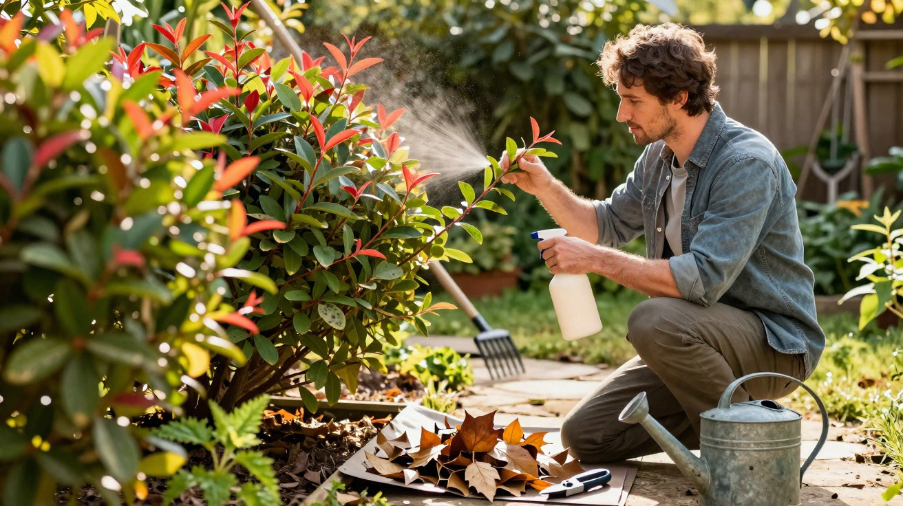 Man spraying plants in garden using spray bottle next to watering can and garden tools on ground