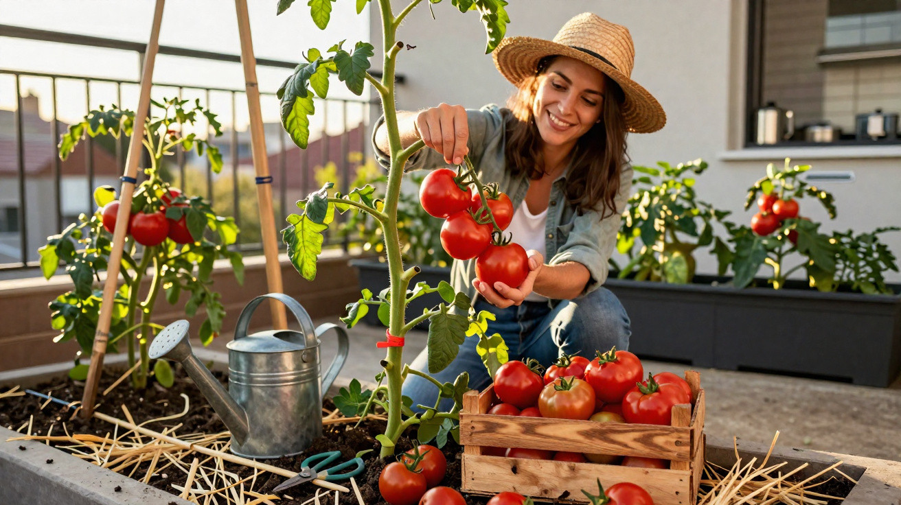 Woman in straw hat harvesting ripe tomatoes from plants on a sunny rooftop garden.