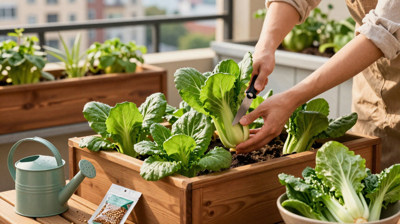 Person harvesting fresh green lettuce from a wooden raised garden bed on a balcony or patio.