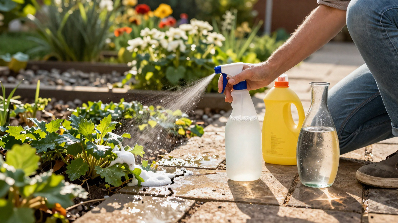 Person spraying foamy pesticide or plant treatment on garden plants next to bottles of liquid on sunny path.