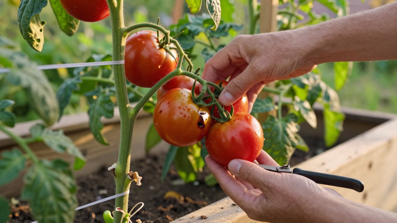 Hands harvesting ripe red tomatoes from a plant in a garden bed with pruning shears.