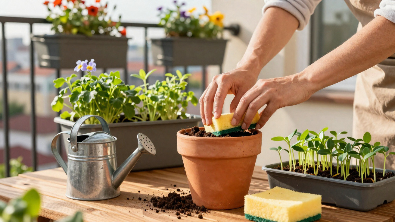 Person cleaning terracotta pot with sponge on balcony table surrounded by plants and watering can.
