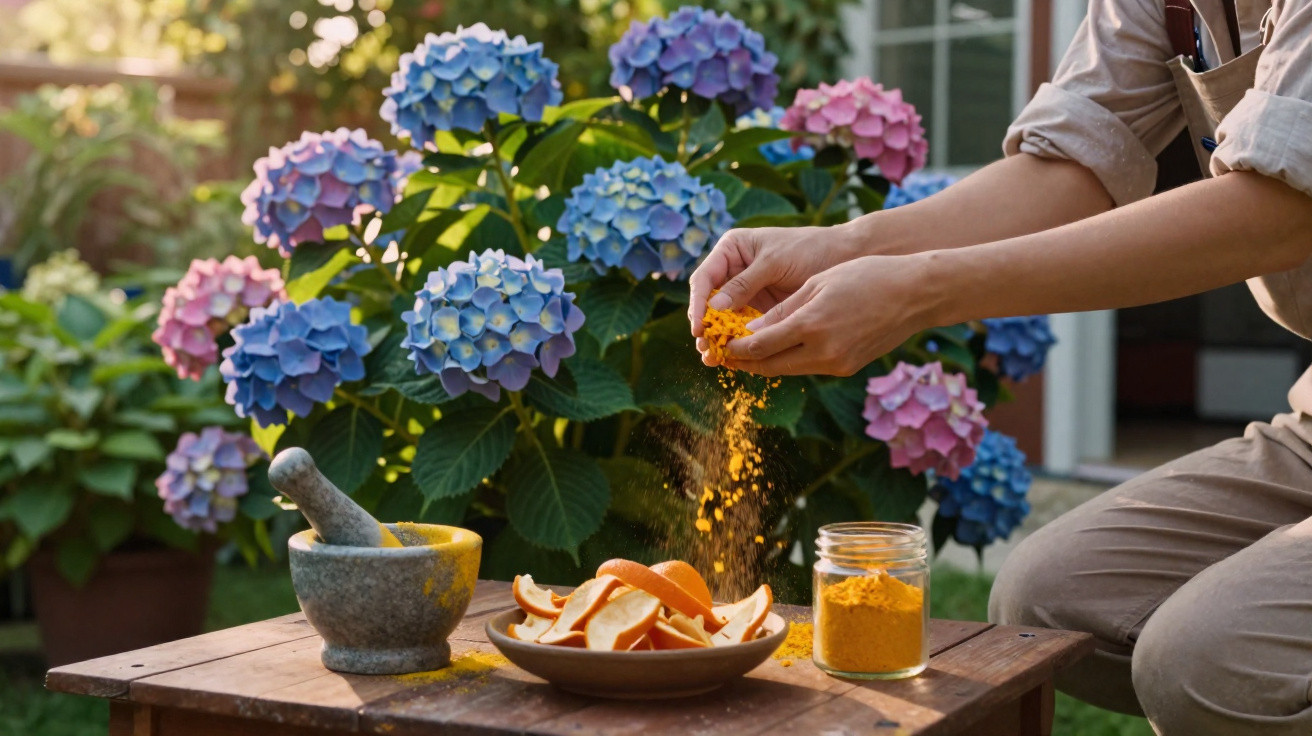 Person sprinkling turmeric powder over dried orange peels on a table outdoors near blooming hydrangea flowers.