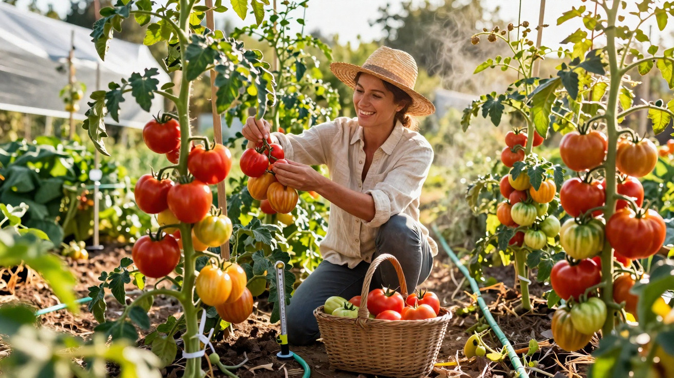 Woman wearing a straw hat harvesting ripe tomatoes in a garden with a basket full of fresh tomatoes.