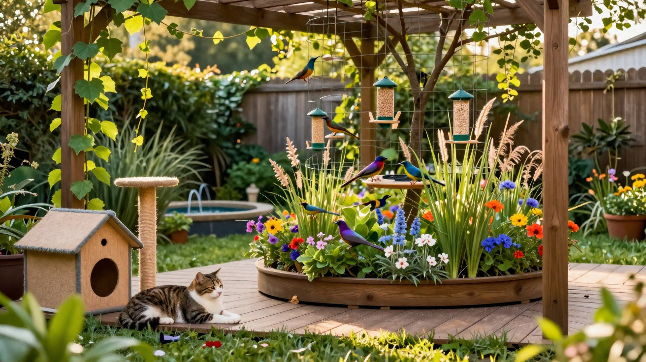 Tabby cat resting on grass near bird feeders surrounded by colourful flowers in a sunlit garden.