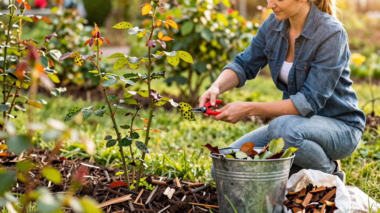 Person pruning diseased leaves from rose plants in a garden with a metal bucket nearby.