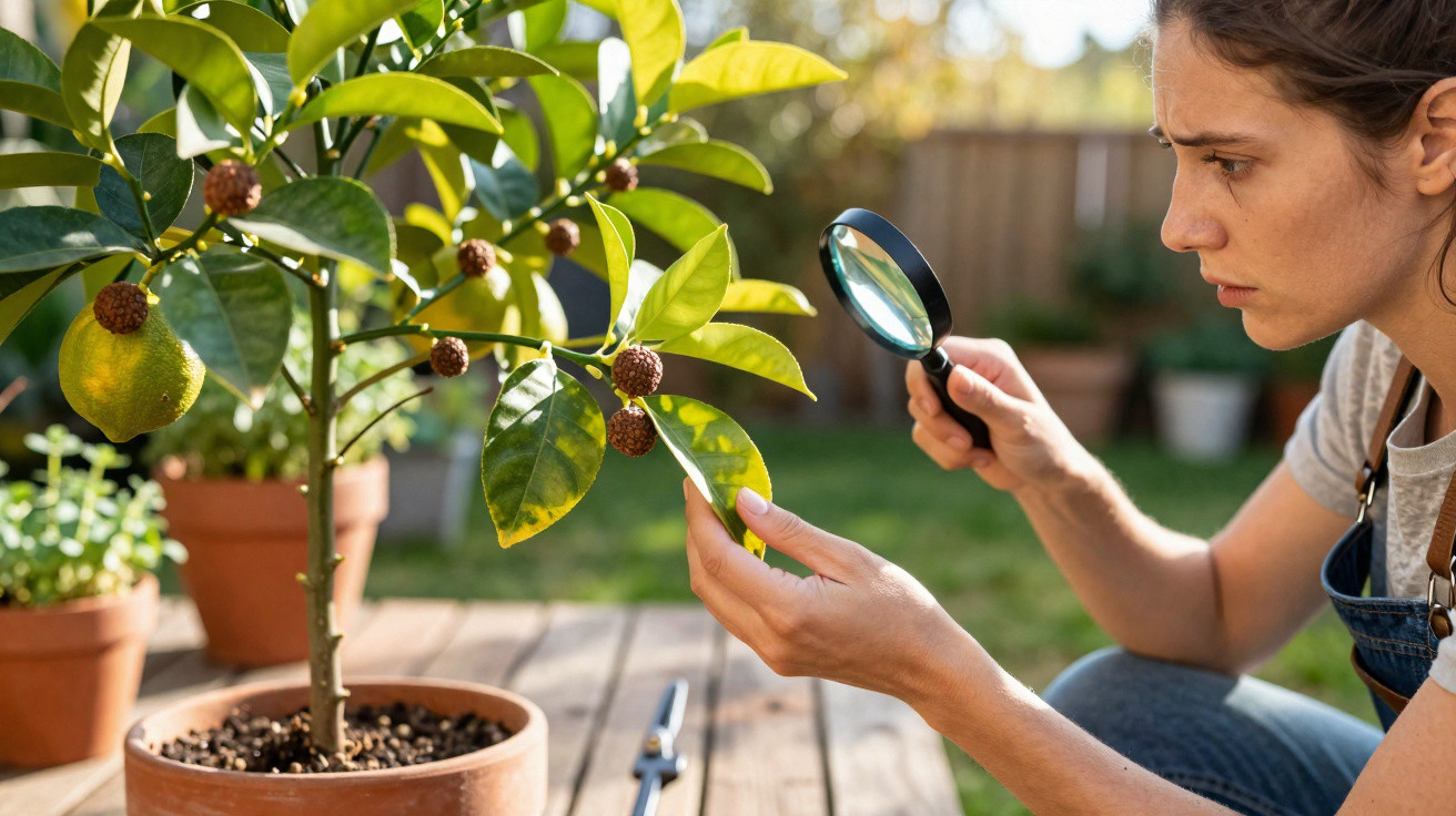 Woman examining plant leaves with a magnifying glass in a garden on a sunny day.