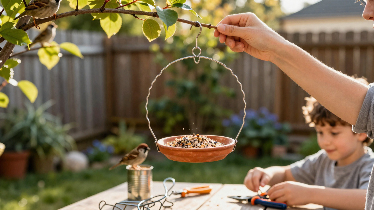Hand holding a hanging bird feeder with seeds while a child sits at a table in a garden.