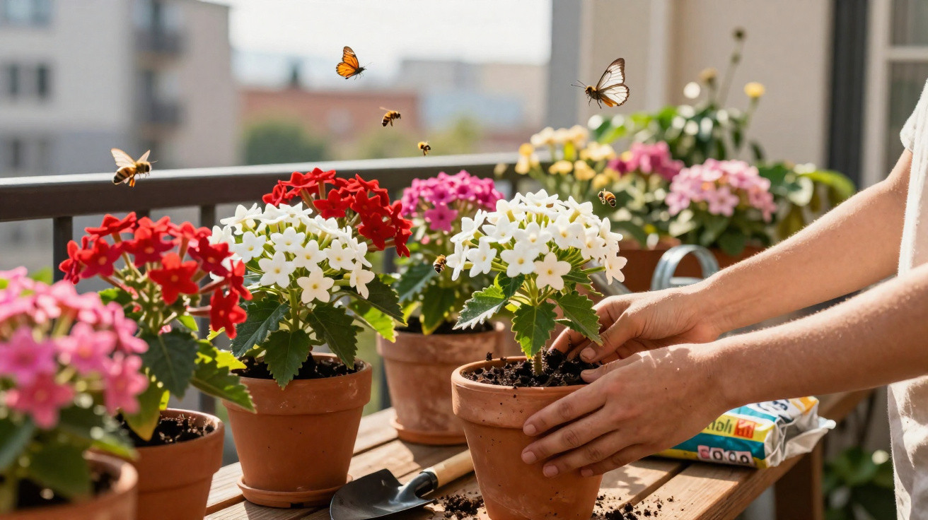 Hands planting white flowers in terracotta pots on a balcony table with butterflies and bees flying nearby