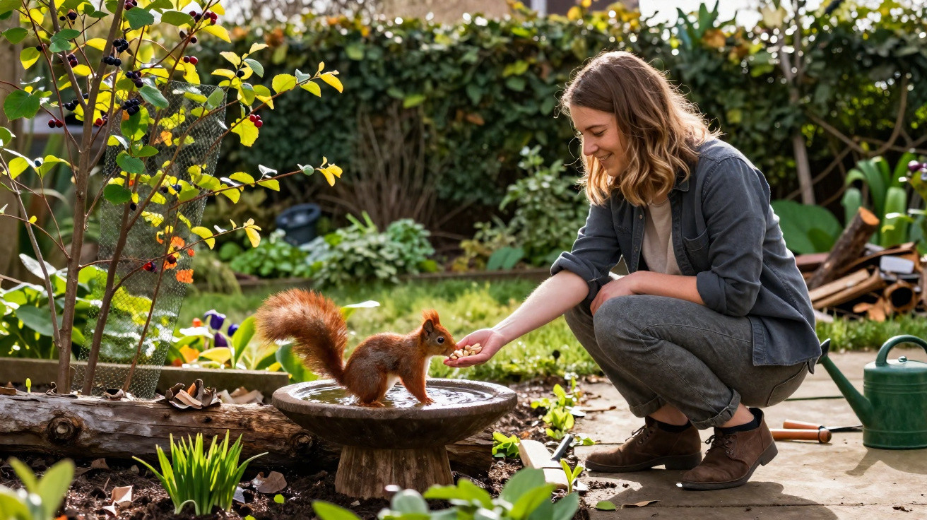 Woman crouching in a garden feeding a red squirrel perched on a birdbath surrounded by plants and gardening tools.