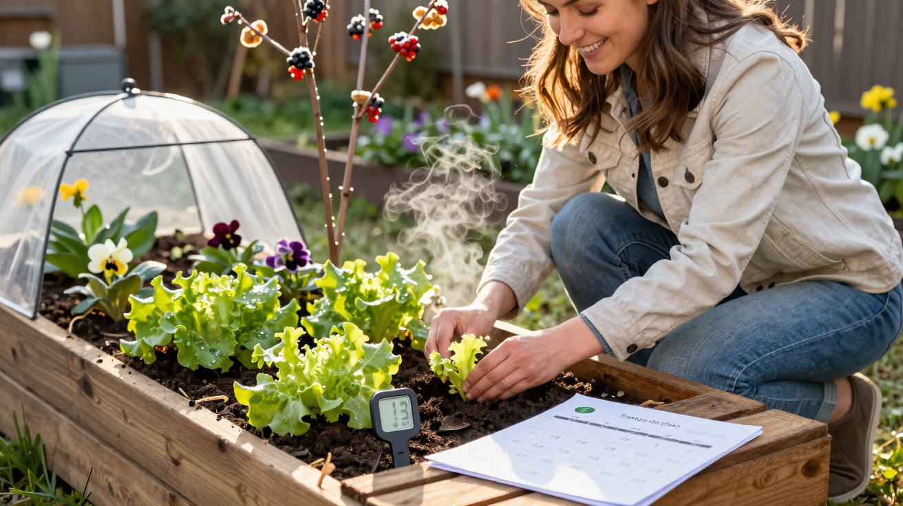 Woman tending leafy green lettuce in a raised garden bed with a soil thermometer and planting calendar nearby.
