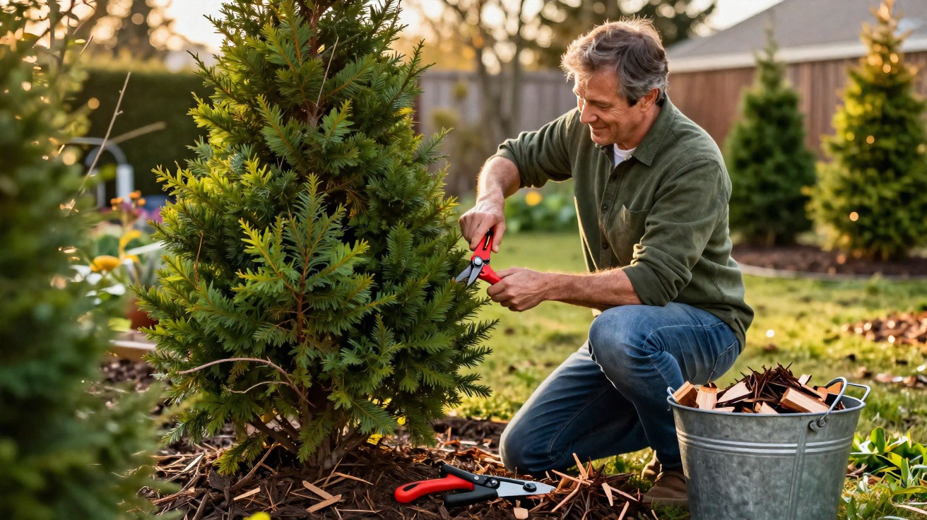 Man kneeling outdoors trimming a small evergreen tree with red-handled pruning shears in a garden.
