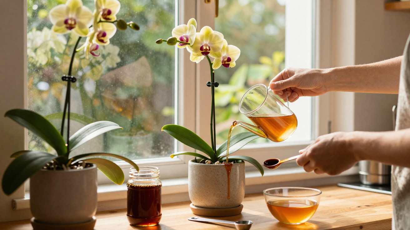 Hands pouring honey from a glass jar into a spoon beside orchids on a wooden windowsill with natural light.