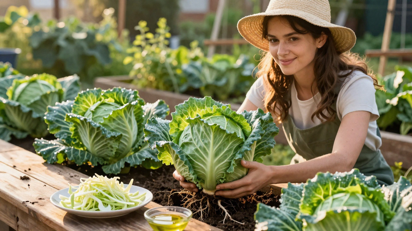 Young woman wearing a hat harvesting fresh cabbage in a sunny garden bed with oil and shredded cabbage on table.