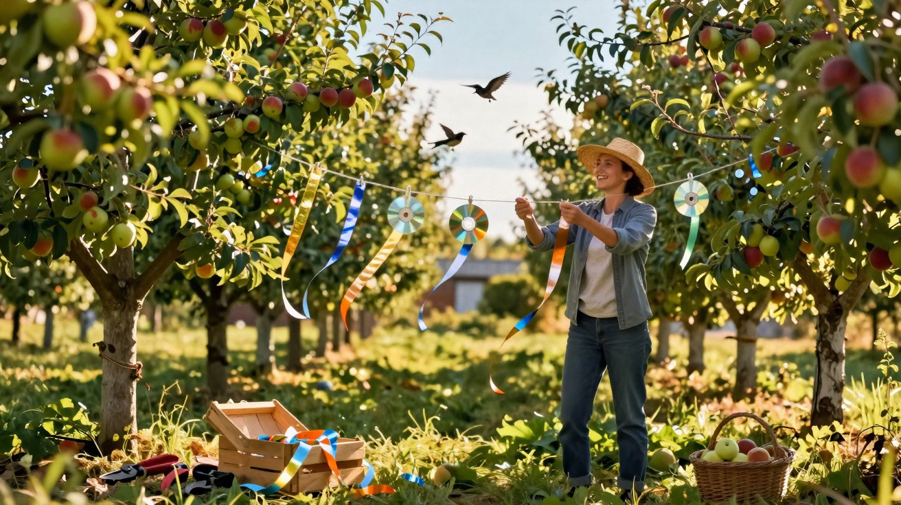 Person hanging reflective ribbons and CDs between apple trees to deter birds in orchard on a sunny day.