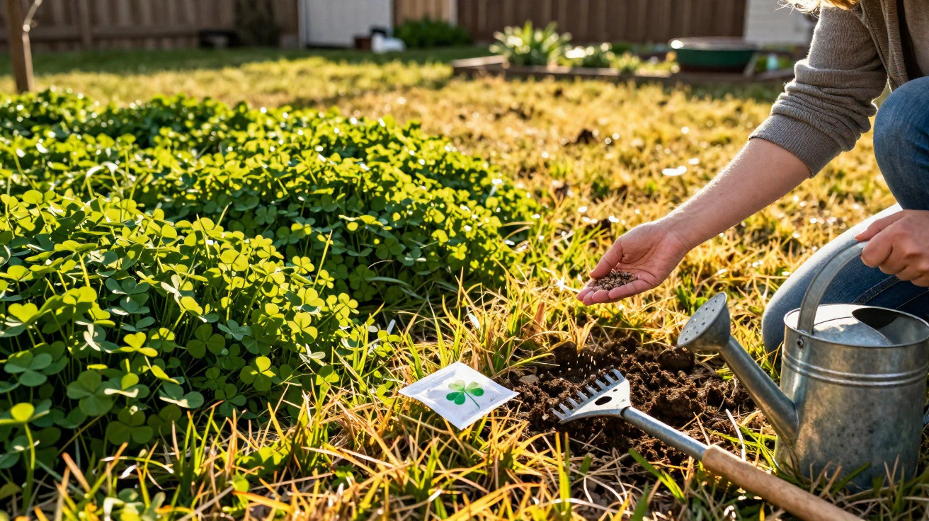Person sowing clover seeds in soil with a watering can and gardening tools on grassy patch outdoors.