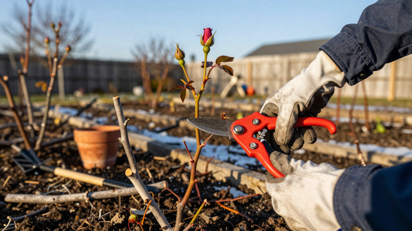 Hands in gloves pruning a rose bush with red secateurs in a garden with dry soil and wooden fence.