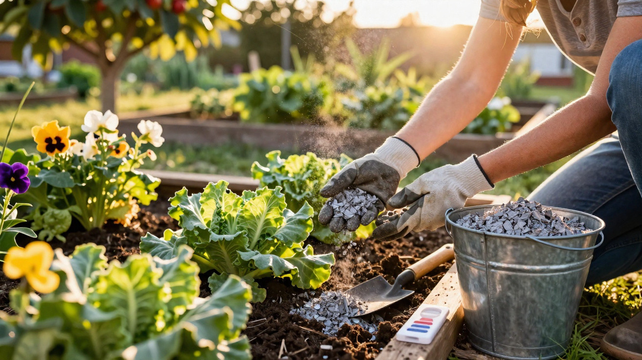 Person fertilising vegetable plants with garden gloves at sunset in a raised garden bed.