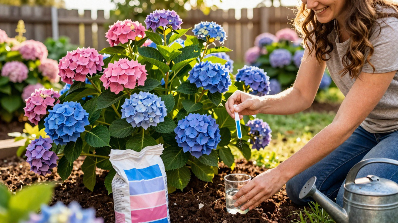 Woman testing soil or water pH near colourful pink, purple, and blue hydrangea flowers in a garden.