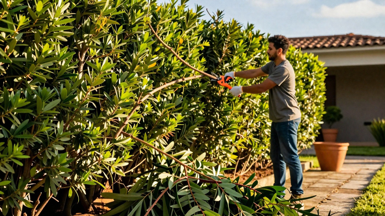 Man trimming hedge with garden shears in a sunny backyard near a house with tiled roof.