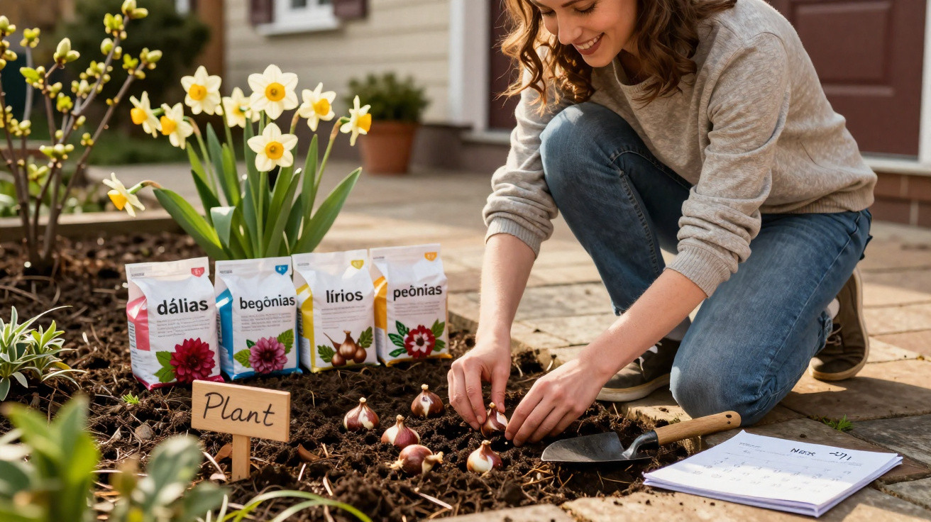 Woman planting flower bulbs in garden bed with flower seed packets and notepad nearby on patio