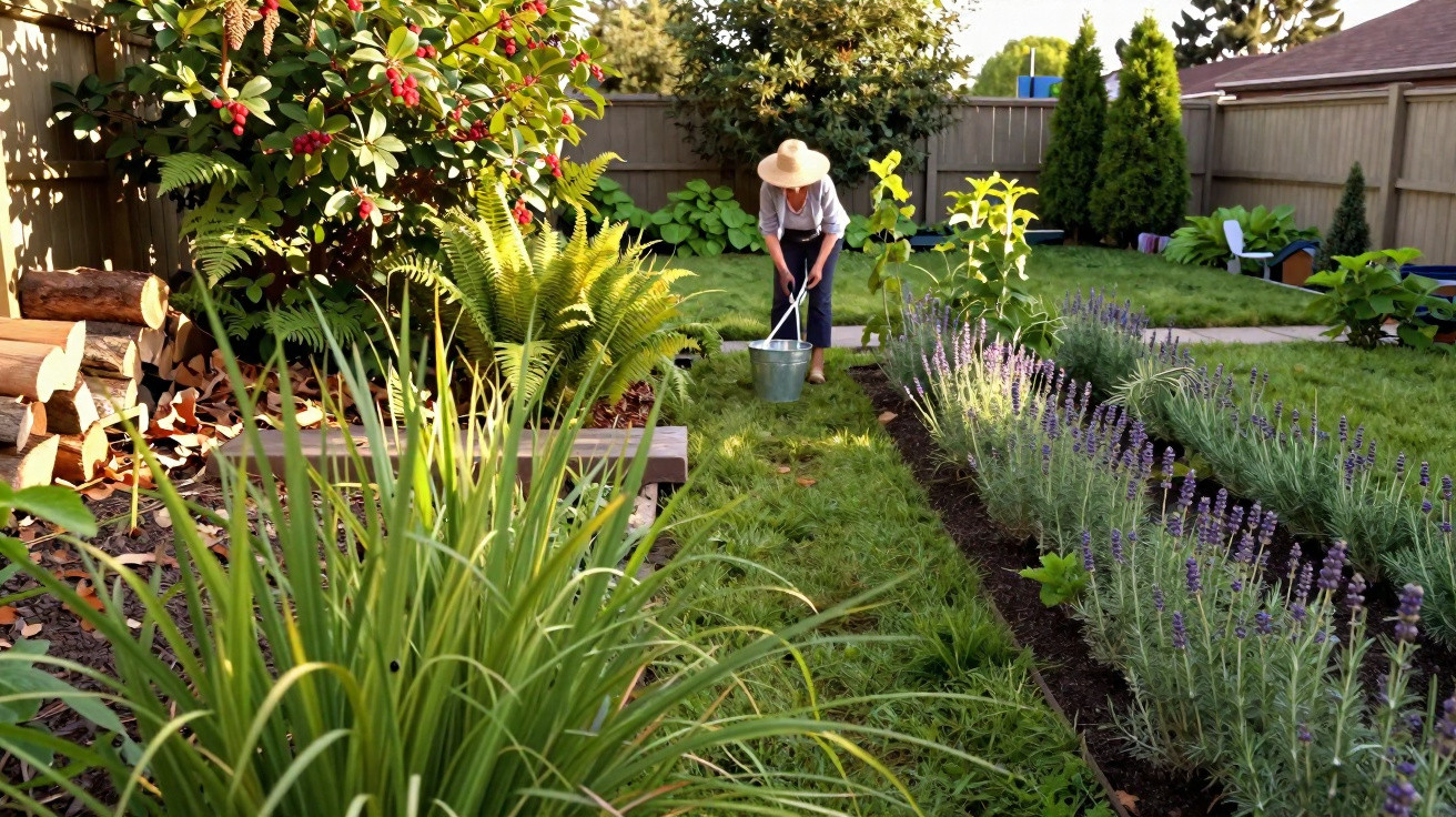 Person wearing a hat watering plants in a sunny, well-maintained garden with lavender and ferns.