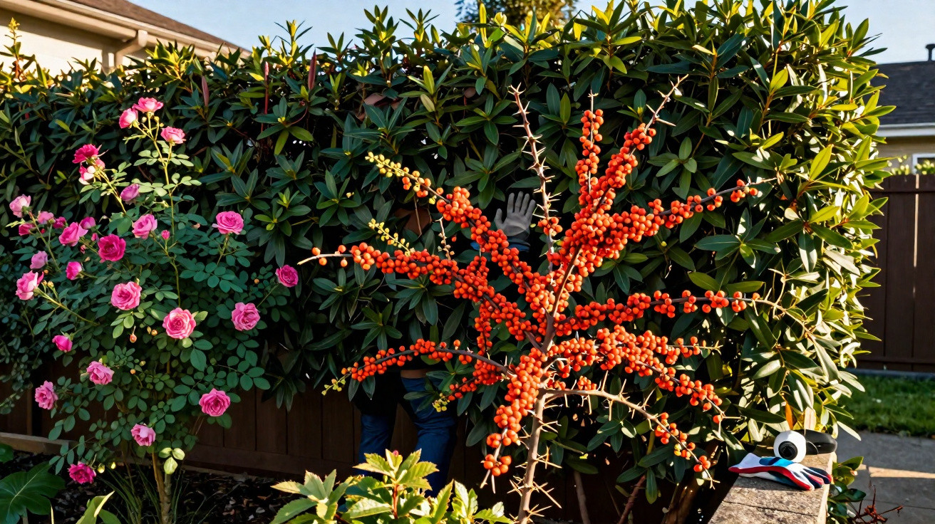 Garden scene with vibrant pink roses, orange berries on spiky branches, and dense green foliage in sunlight