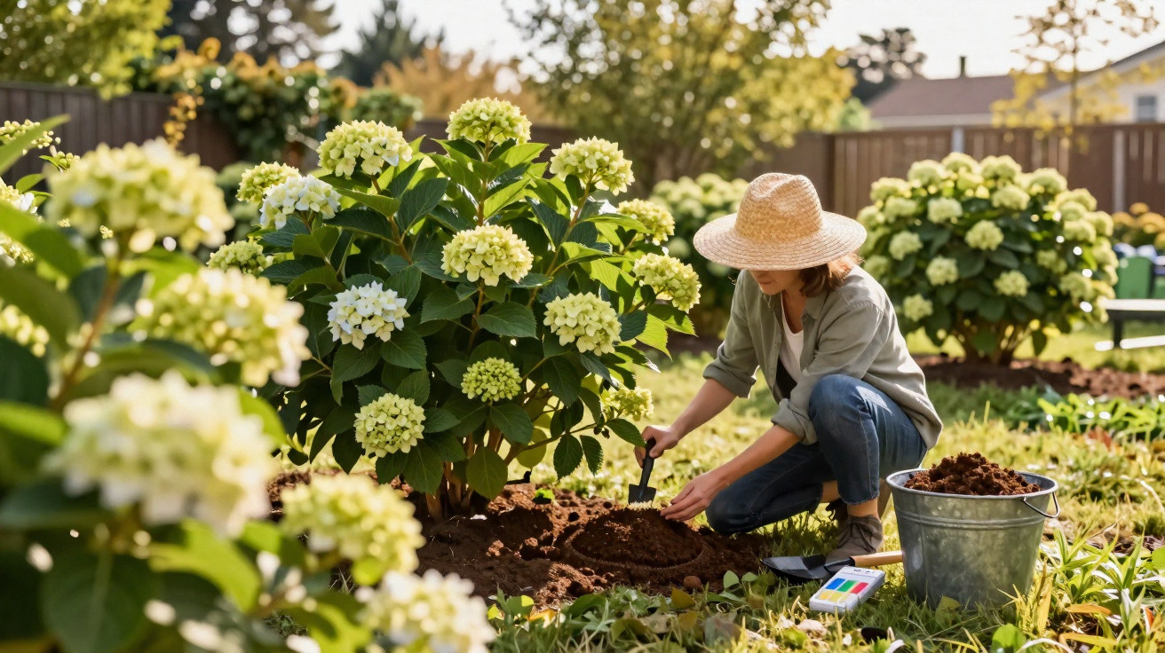 Person wearing a straw hat gardening among blooming hydrangea bushes on a sunny day in a fenced garden.
