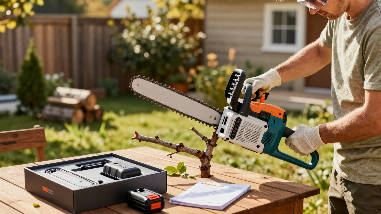 Person using an electric chainsaw to cut a branch on a garden table with safety goggles and gloves.