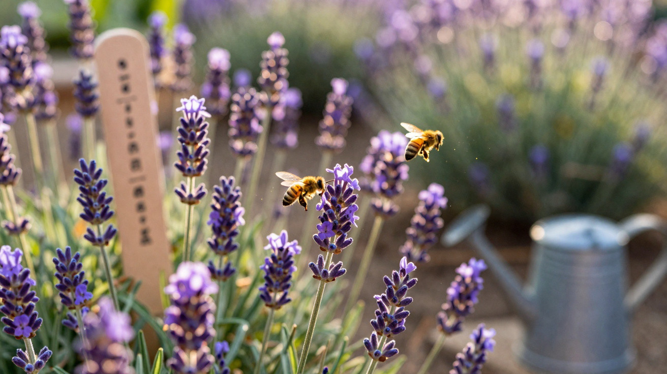 Bees collecting nectar from blooming lavender flowers with a garden watering can in the background.