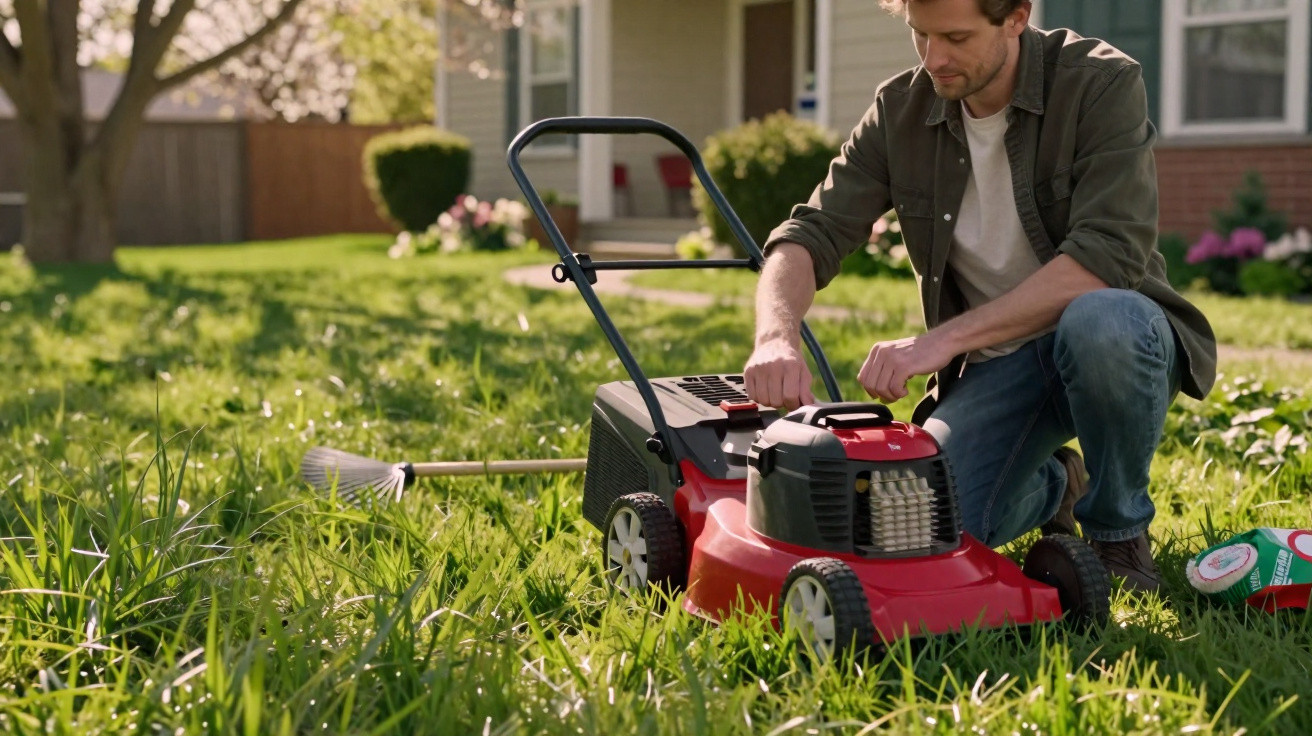 Man kneeling on lawn adjusting a red lawnmower in a sunny garden with a rake and garden supplies nearby.