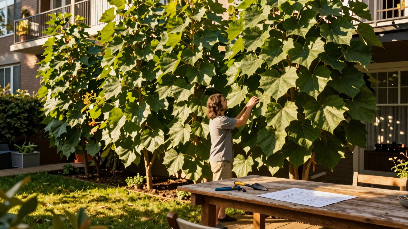 Person tending to large-leafed plants in a sunny garden beside a wooden table with gardening tools and plans.
