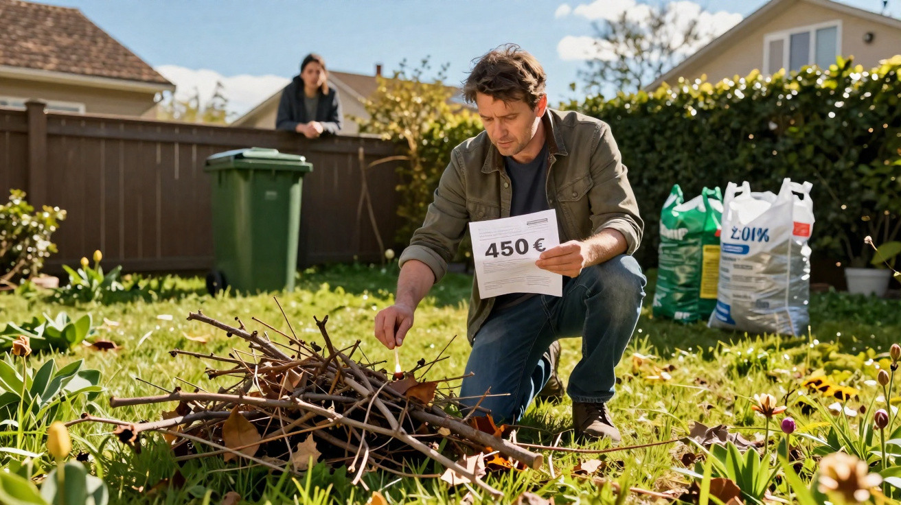 Man kneeling in garden holding a 450 euro bill, with a woman leaning on a fence in the background.