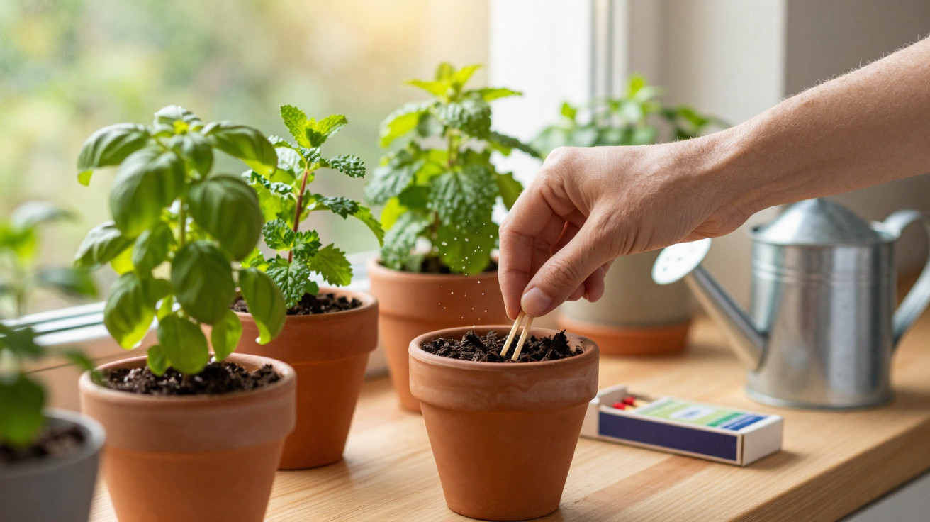 Hand sprinkling seeds into a terracotta pot among other potted herbs on a wooden indoor table.
