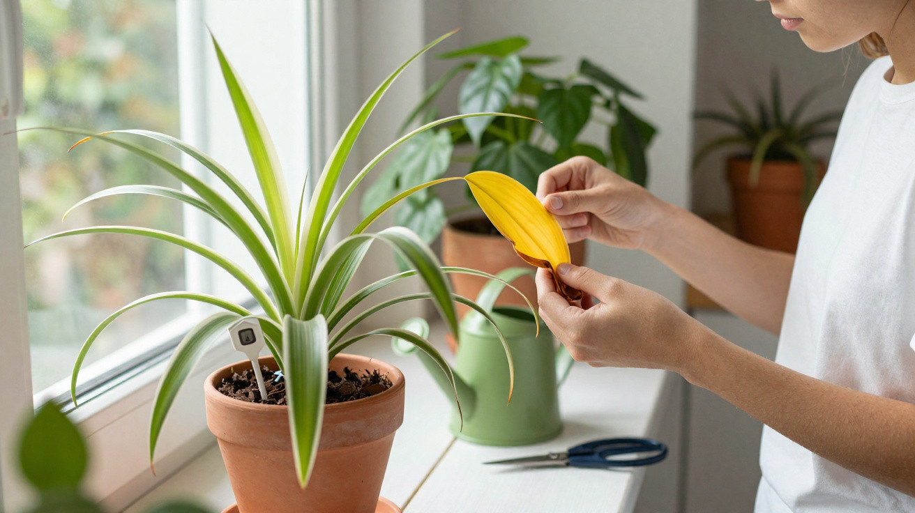 Person removing a yellowing leaf from a spider plant on a sunny windowsill with other potted plants nearby.