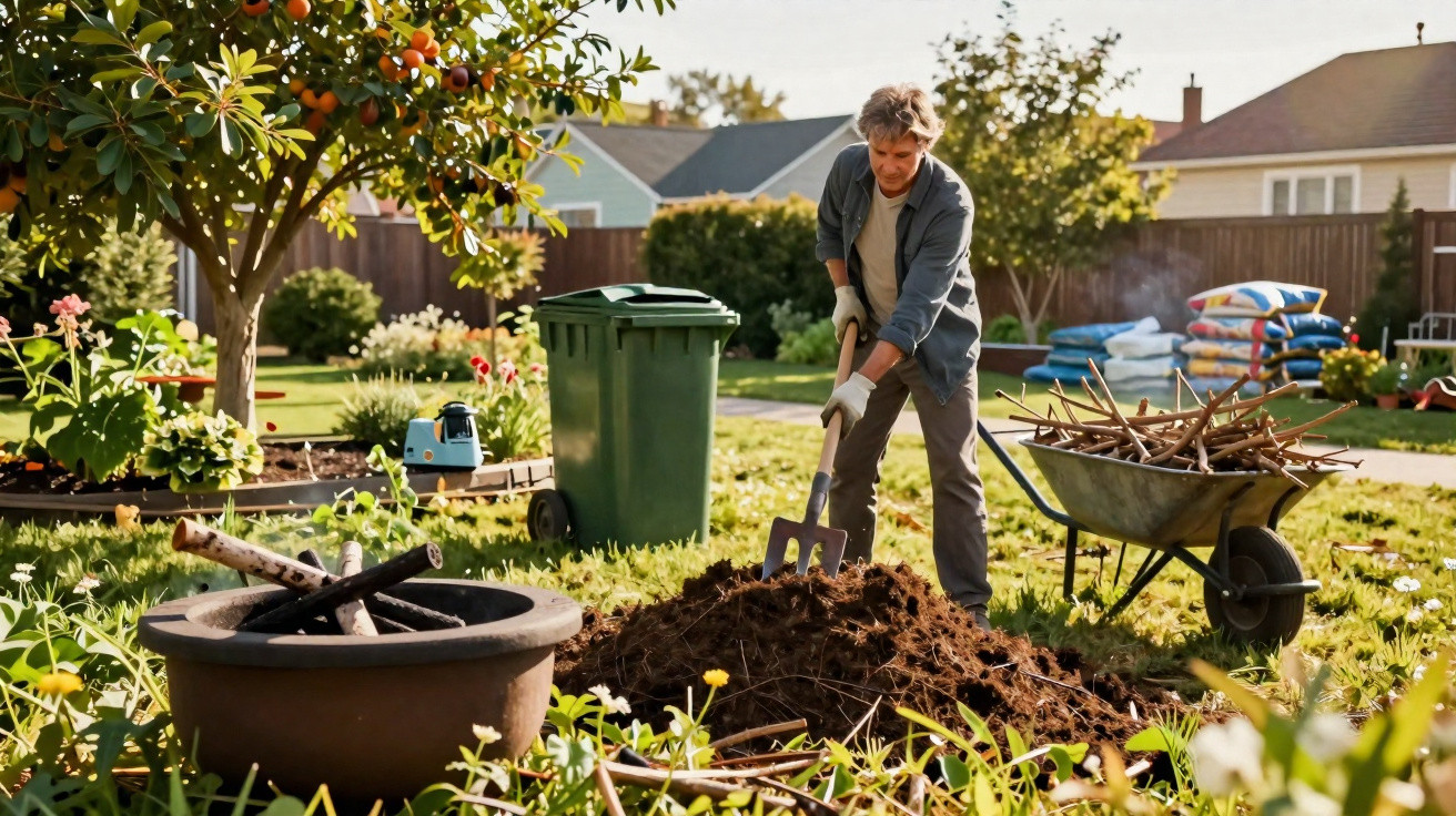Man digging soil in a sunny garden with a wheelbarrow full of sticks and gardening supplies nearby.