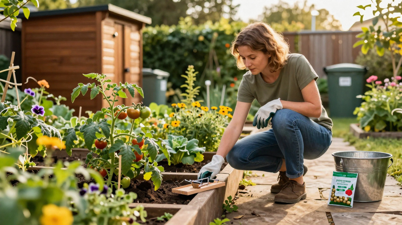 Woman planting seeds in a raised garden bed surrounded by vegetables and flowers in a backyard garden.