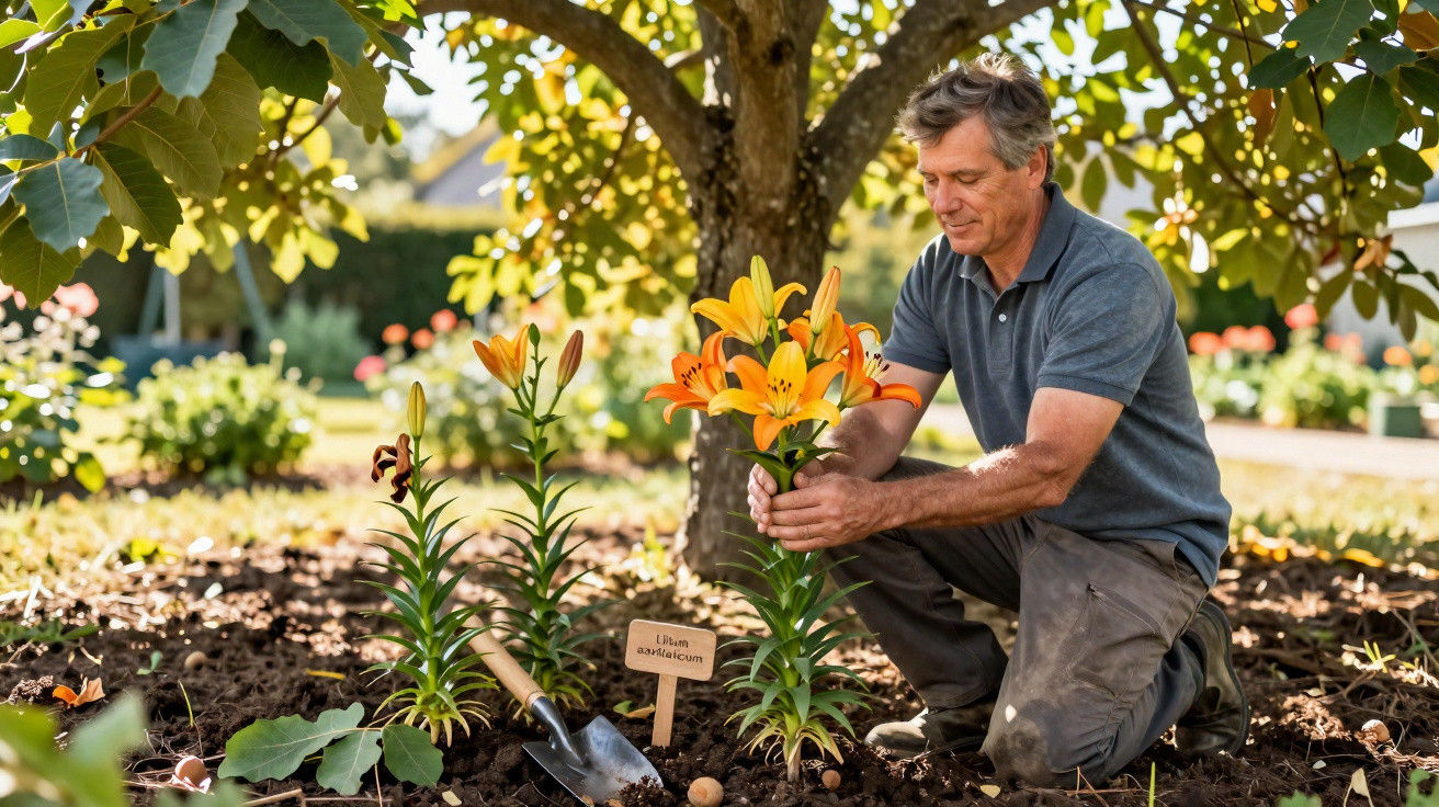 Man kneeling and holding a blooming orange lily in a garden under a tree on a sunny day