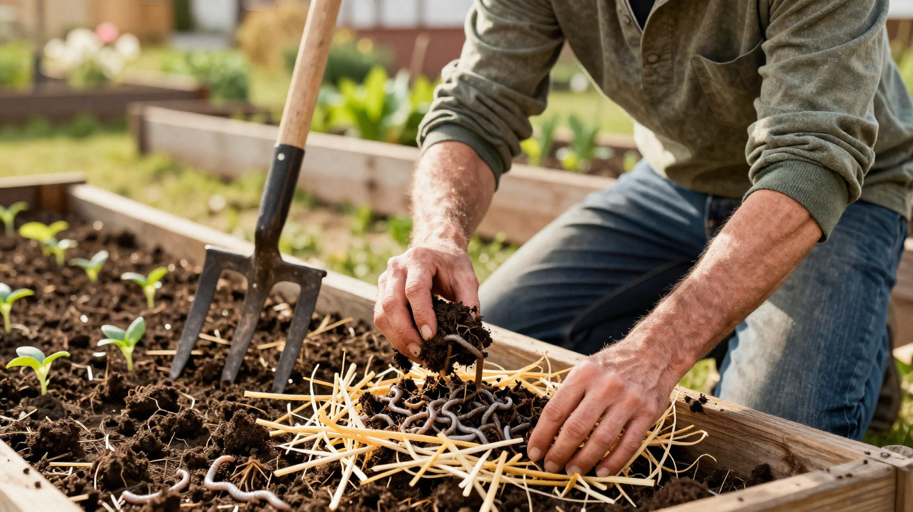 Person adding worms to soil in a raised garden bed with seedlings and gardening fork nearby.