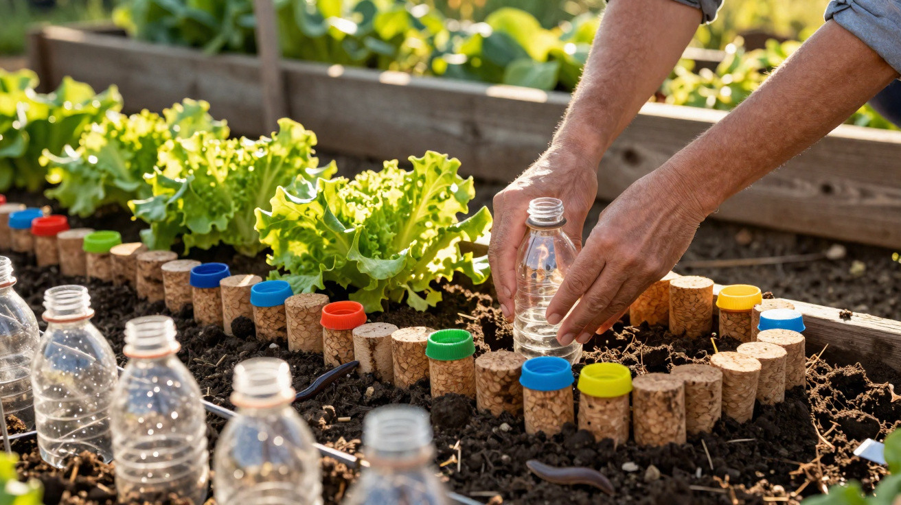 Hands placing a plastic bottle in soil surrounded by corks and growing lettuce in a raised garden bed outdoors.