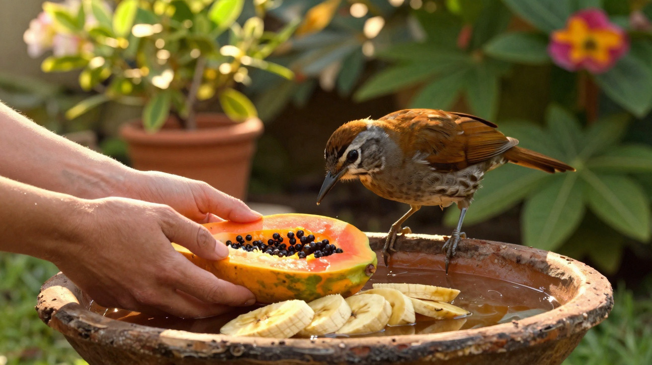 Person holding a halved papaya near a bird perched on a bowl with banana slices and water.