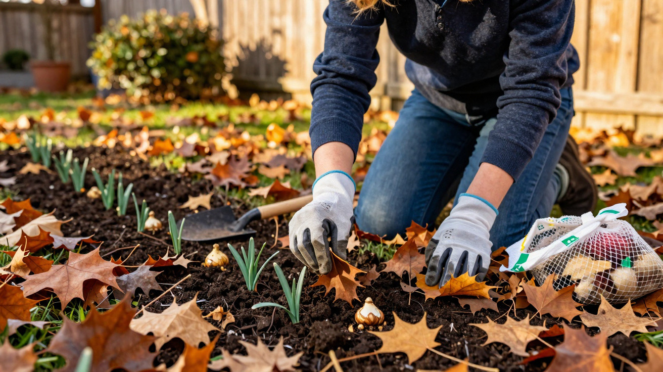 Person wearing gloves planting flower bulbs in soil scattered with autumn leaves in a garden.