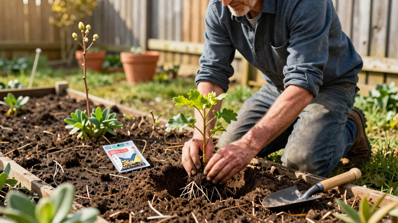 Man kneeling in a garden bed planting a young plant with gardening tools and seed packets nearby.