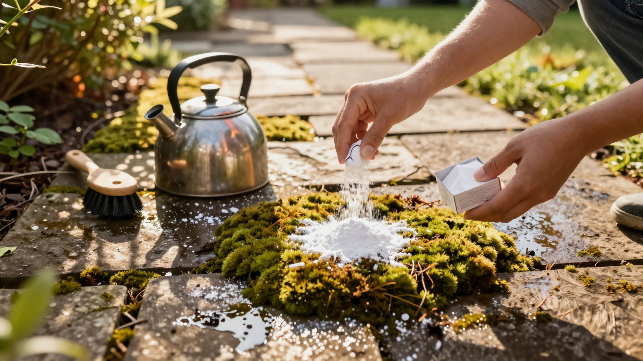 Person sprinkling white powder on moss growing between paving stones in a garden pathway.